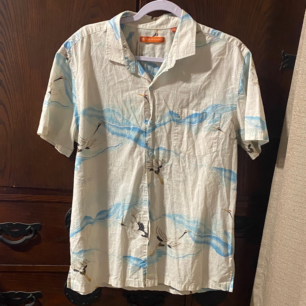 Men's Tori Richard Cream and Blue Patterned Bird Shirt